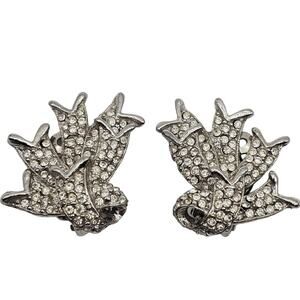 Pave Ribbon Clip Earrings Silver Tone Rhinestones Bow Vintage Bride 1960s